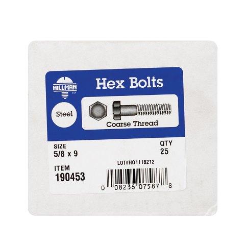 190453 0.63 x 9 in. USS Zinc Plated Steel Hex Bolt
