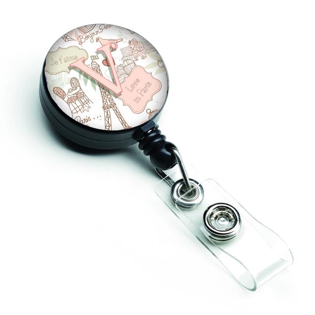 CJ2002-VBR Letter V Love in Paris Pink Retractable Badge Reel