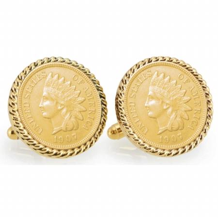 12767 Gold-Layered Indian Head Penny Goldtone Rope Bezel Cuff Links
