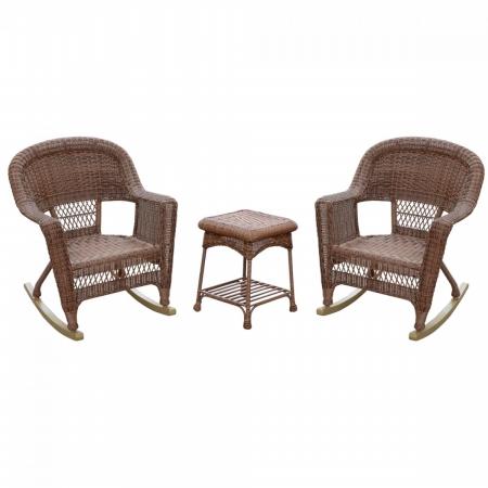 Santa Maria White Rocker Wicker Chair Set with Cushions- Tan - 3 Piece