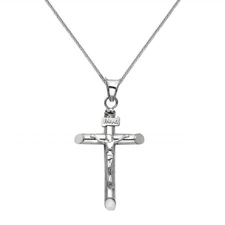 Jewelry 14k White Gold Crucifix Religious Pendant with 0.8-mm Flat Wheat Chain