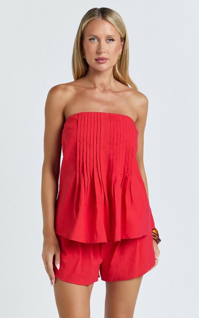 Mardie Two Piece Set - Pin Tuck Strapless Top and Short Set in Red