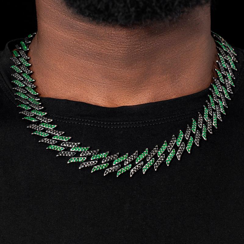Iced 18mm Emerald & Black Spiked Cuban Chain in Black Gold