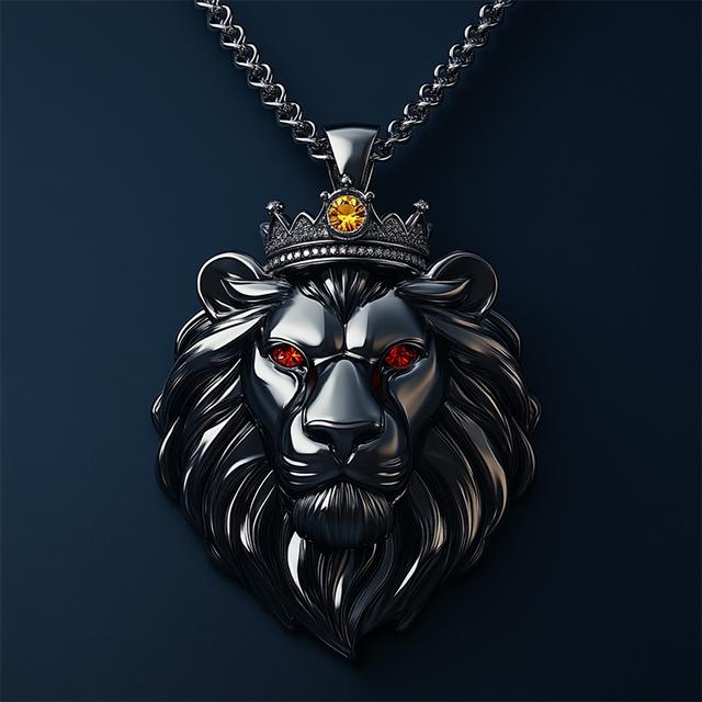 Tête de lion rugissant en or noir avec pendentif couronne
