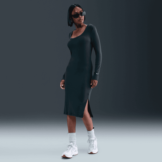 Women's Nike Sportswear Chill Knit Tight Long-Sleeve Midi Mini-Rib Dress in Green | HV2799-390