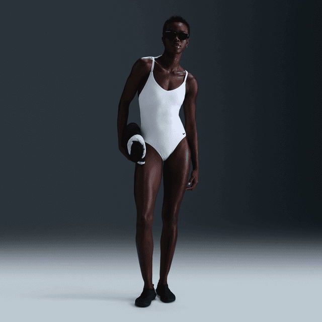 Nike Women's Swim Water Texture V-Neck One-Piece in White | NESSF261-100