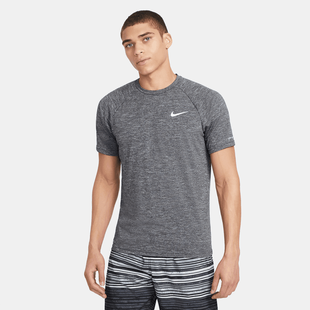 Nike Men's Heathered Short-Sleeve Hydroguard Swim Shirt in Black | NESSA589-001