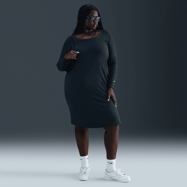 Women's Nike Sportswear Chill Knit Tight Long-Sleeve Midi Mini-Rib Dress (Plus Size) in Blue | II5241-410