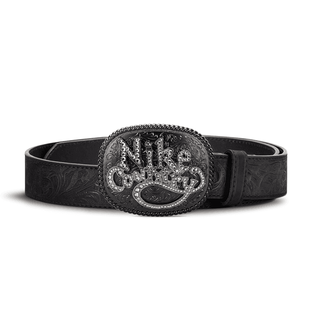 Nike Unisex Country Rhinestone Plaque Buckle Embossed Leather Belt in Black | 18052-001