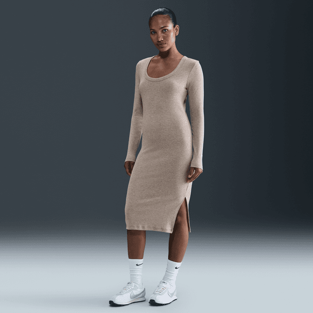 Women's Nike Sportswear Chill Knit Tight Long-Sleeve Midi Mini-Rib Dress in Brown | HV2799-271