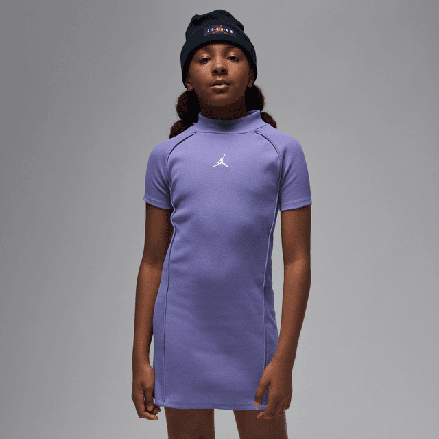 Jordan Big Kids' Mock Neck Ribbed Dress in Purple | 45F080-PAP
