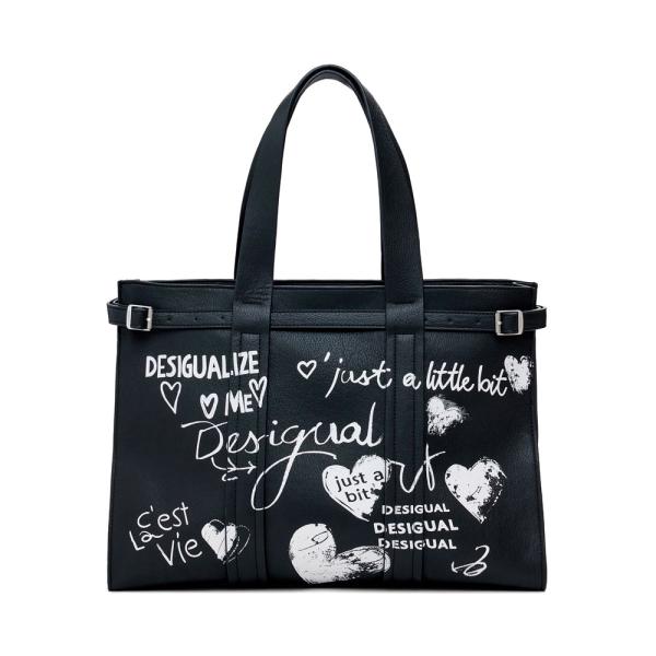 Desigual Bolsa grande com efeito de couro e letras - U Preto- Ref.