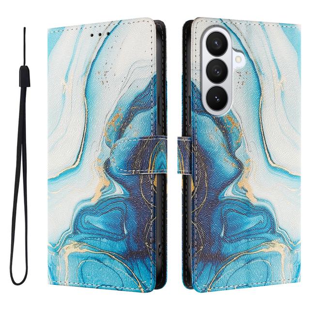 For Samsung Galaxy S26 Case Pattern Print PU Leather Wallet Phone Cover with Wrist Strap - Blue Marble