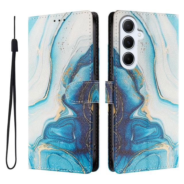 For Samsung Galaxy A17 4G / Galaxy A26 5G / Galaxy A17 5G Case Pattern Print PU Leather Wallet Phone Cover with Wrist Strap - Blue Marble