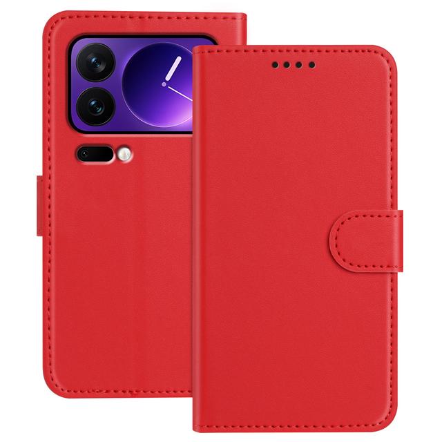 For Xiaomi 17 Pro Leather Case Wallet Stand Solid Color Anti Drop Phone Cover - Red