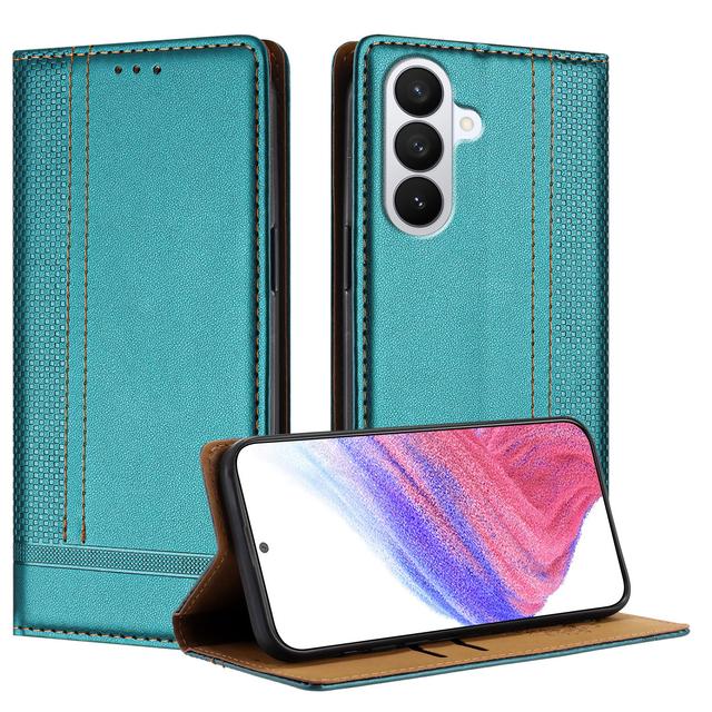 For Samsung Galaxy S26+ Case L-Shaped Grid Pattern Leather Stand Phone Cover with Card Slots - Green