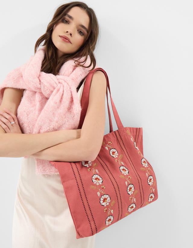 Floral Embroidered Cotton Shopper Bag Pink & Cream, Size: 49cm - Accessorize