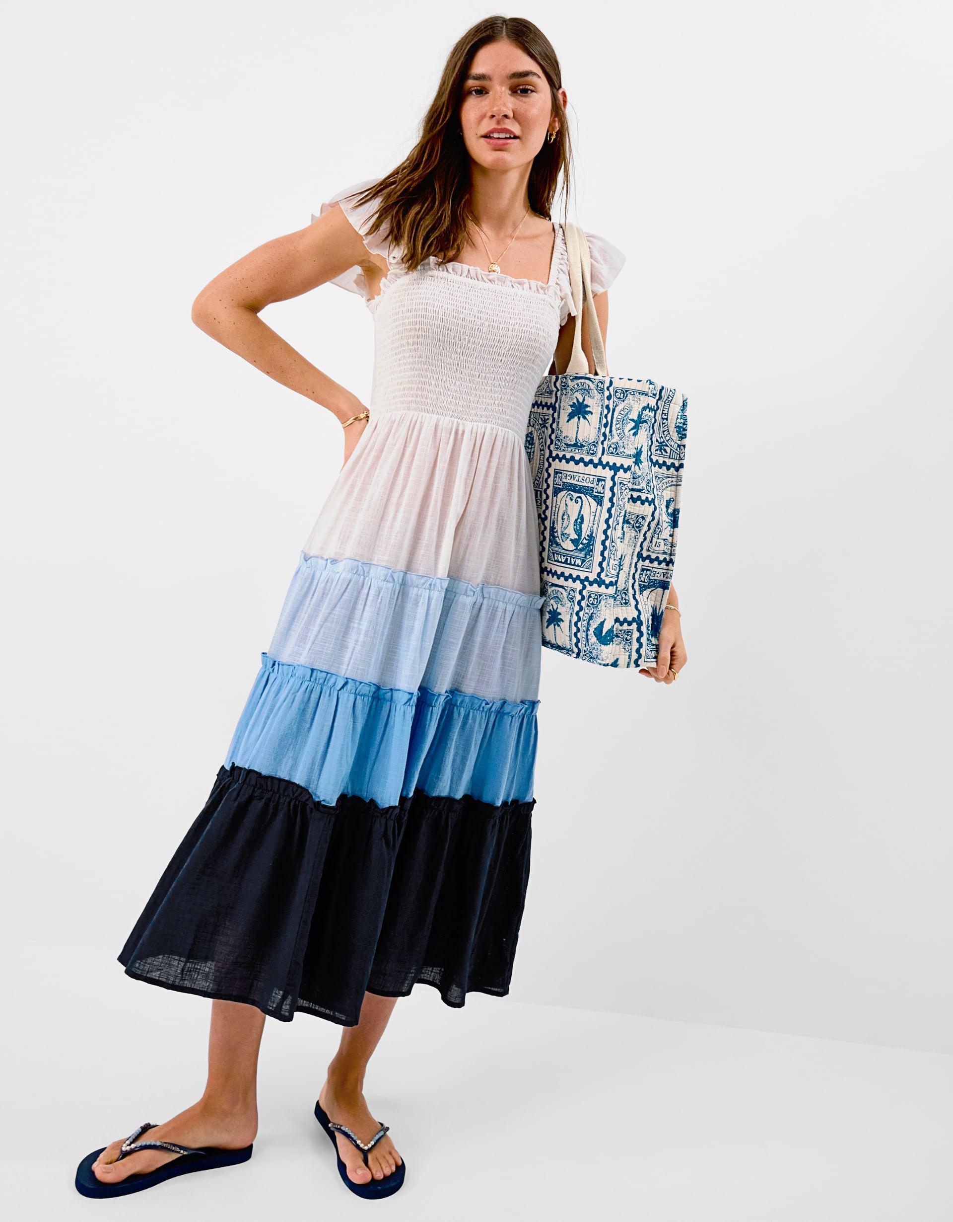 Accessorize Maxi Cotton Colour Block Frill Dress Blue, & White, Size: XS
