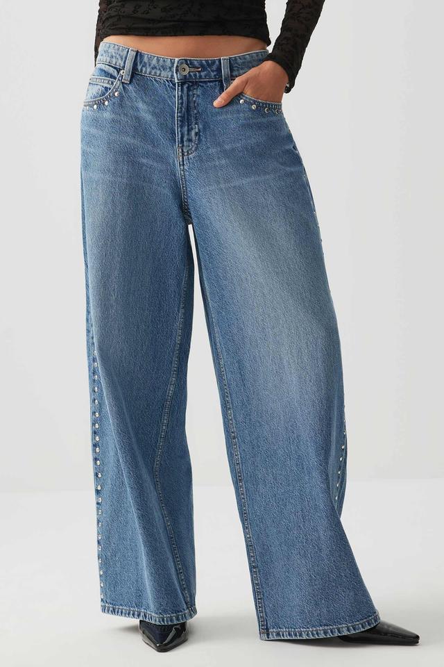 Ardene Studded Wide Leg Slouchy Jeans in Medium Blue | Size 7 | 100% Cotton