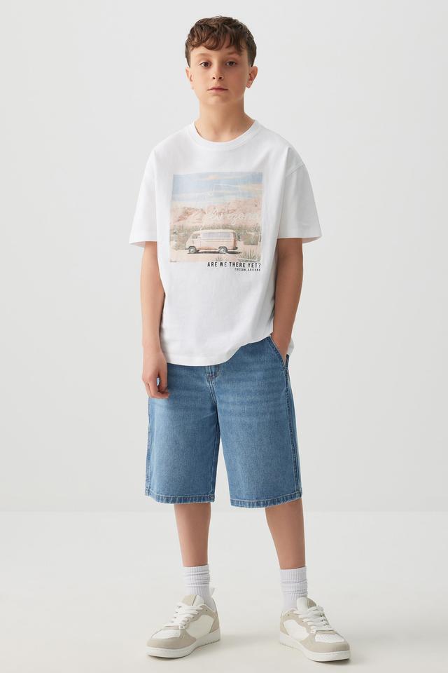 Ardene Kids Carpenter Denim Bermuda Shorts in Medium Blue | Size 7 | Polyester/Rayon/Cotton