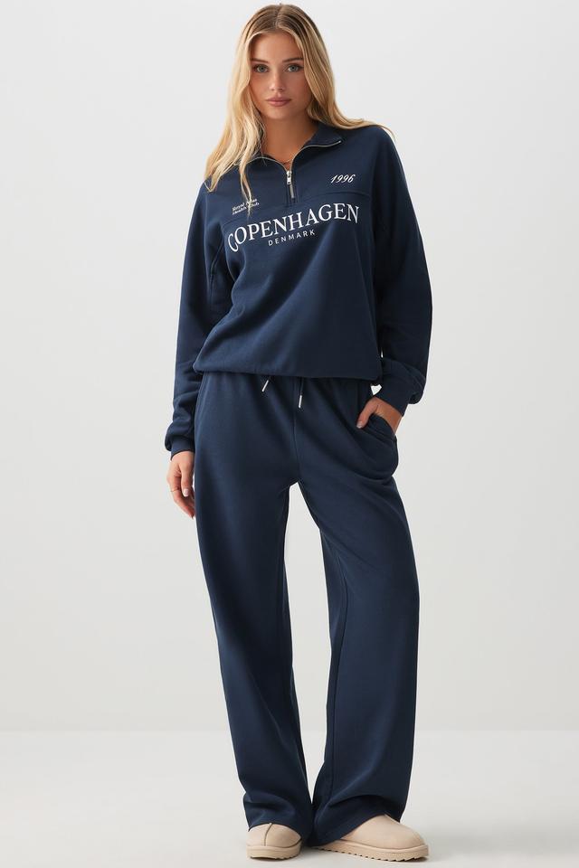Ardene Destination Oversized Half Zip Sweatshirt in Dark Blue | Size Large | Polyester/Cotton | Fleece-Lined