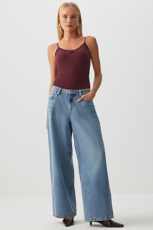 Ardene Lace Trim V-Neck Bodysuit in Burgundy | Size Medium | Polyester/Elastane