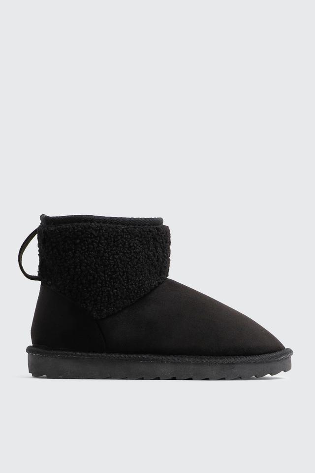 Ardene Faux Sheepskin Ankle Boots with Accent Trim in Black | Size 8 | Faux Suede | Eco-Conscious