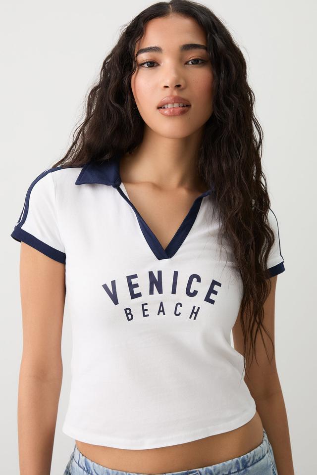 Ardene Graphic Striped Polo Shirt in White | Size Small | Cotton/Elastane