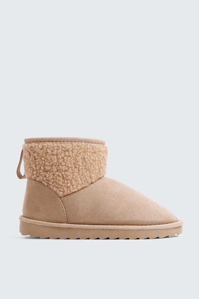 Ardene Faux Sheepskin Ankle Boots with Accent Trim in Beige | Size 10 | Faux Suede | Eco-Conscious