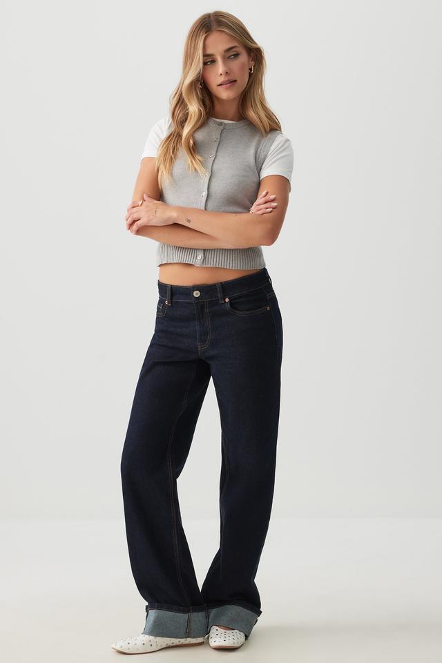 Ardene The Era Mid Rise Straight Cuffed Jean in Dark Blue | Size 7 | Cotton/Elastane