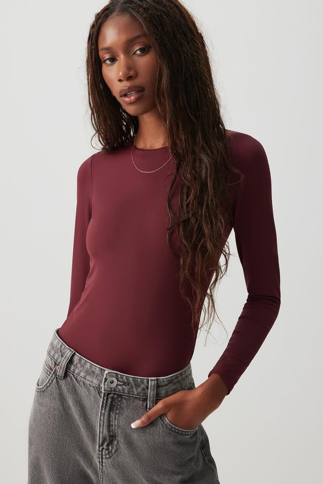 Ardene Contour Long Sleeve Bodysuit in Burgundy | Size Large | Nylon/Elastane