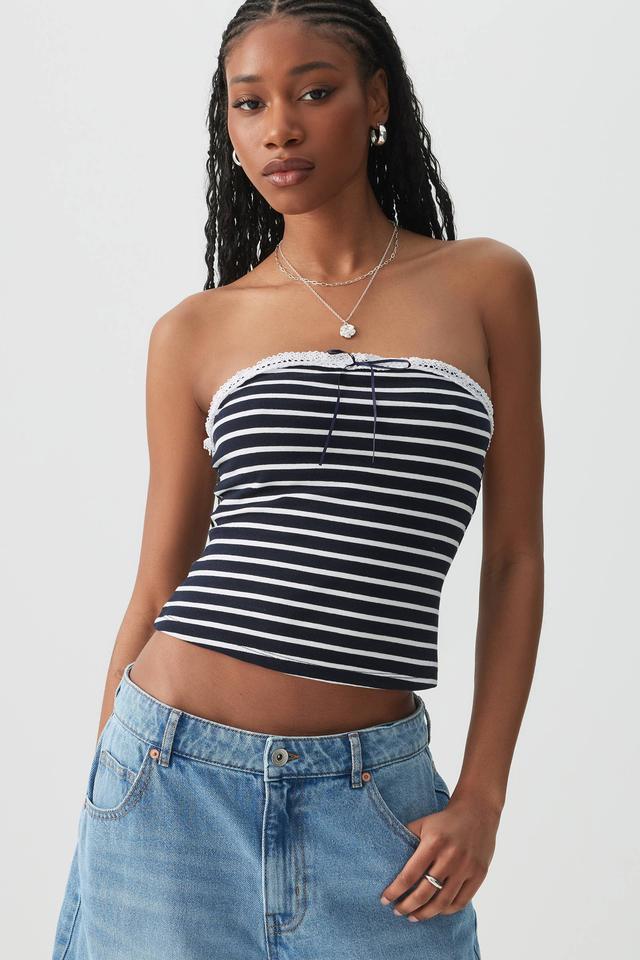 Ardene Striped Tub Top with Bow in Dark Blue | Size XL | Spandex/Cotton