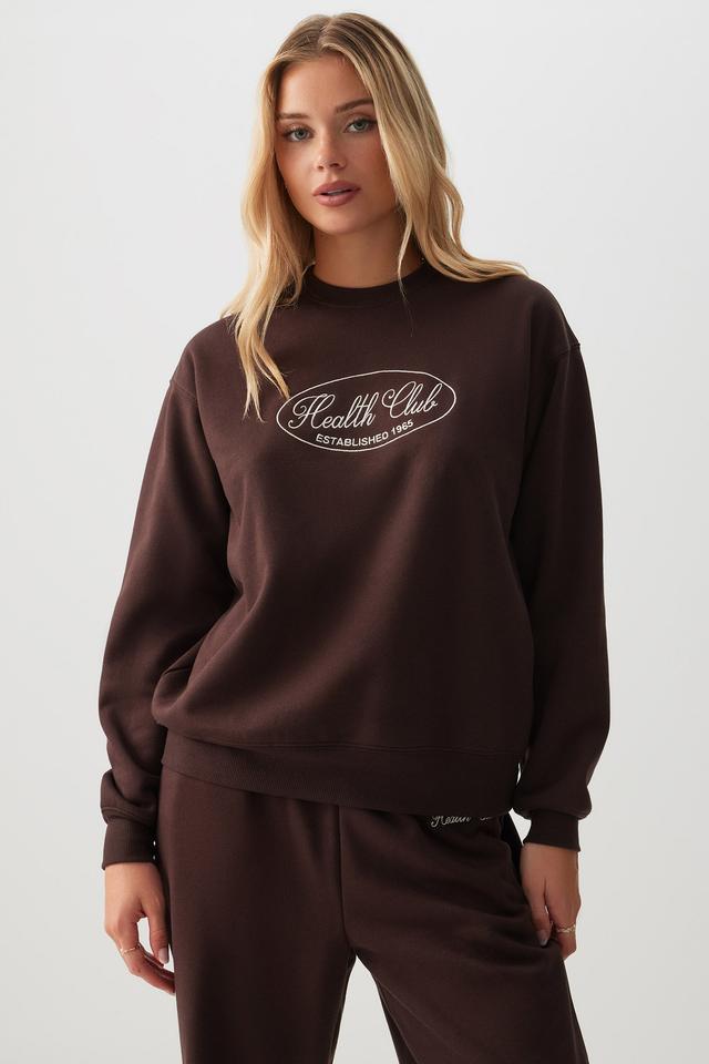 Ardene Embroidered Relaxed Sweatshirt in Brown | Size Large | Polyester/Cotton | Fleece-Lined