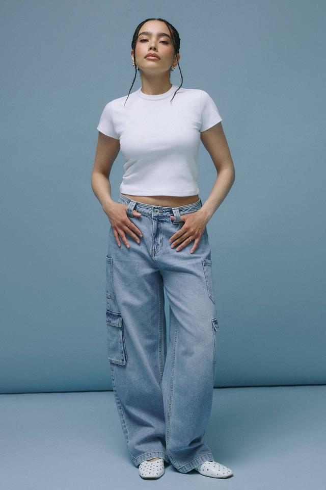 Ardene The Untamed Mid Rise Baggy Cargo Jean in Light Blue | Size 5 | 100% Cotton