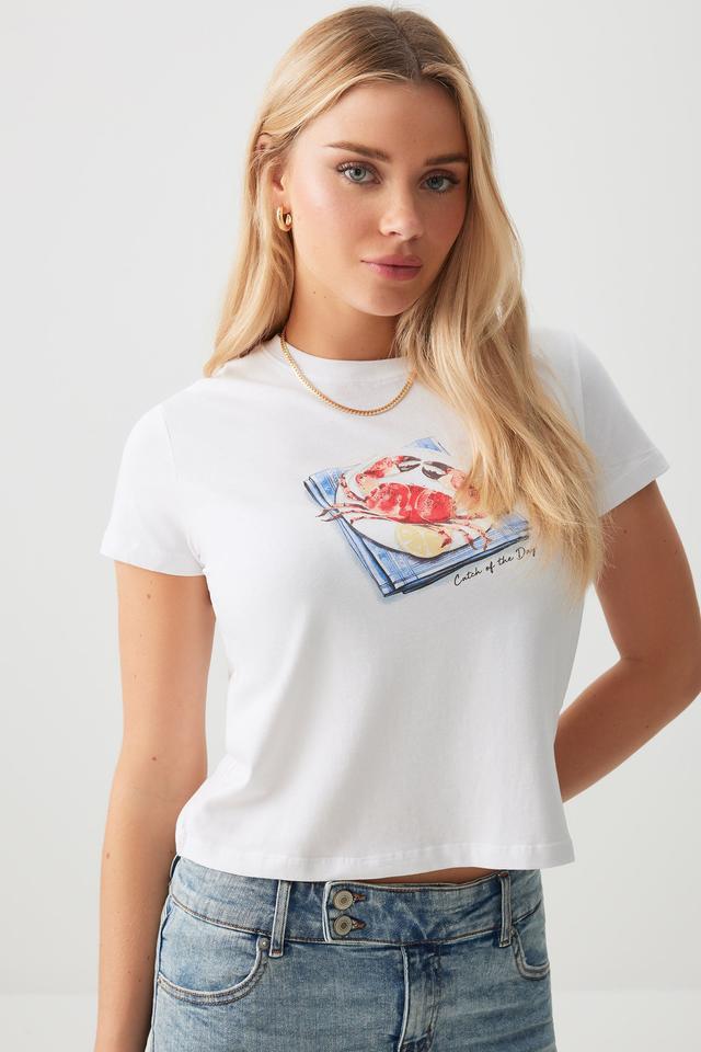 Ardene Crab Print Short T-Shirt in White | Size Large | Cotton/Elastane