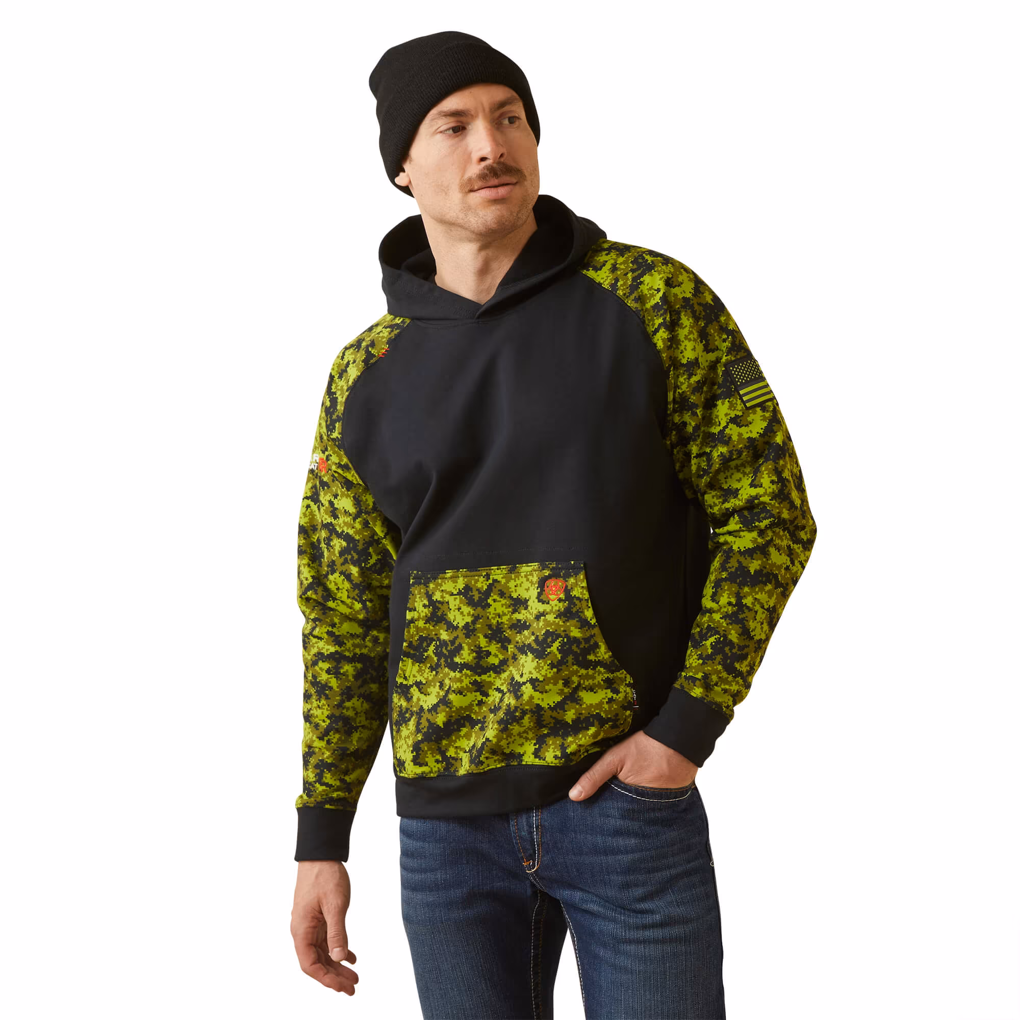 Ariat Men's FR DuraStretch Patriot Hoodie Black Lime Camo Large