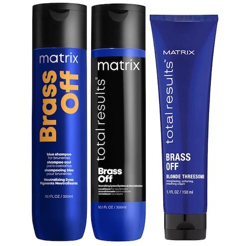 Matrix Brass Off Blue Shampoo Brass Off Total Results Conditioner 10.1 oz & Total Results Brass Off Blonde Threesome Leave-In Cream 5.1 oz Trio Wom
