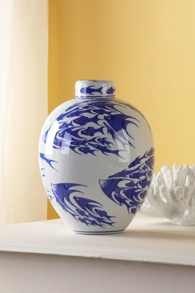 Dar Lighting Simone Ceramic Blue & White Fish Pattern Jar With Lid