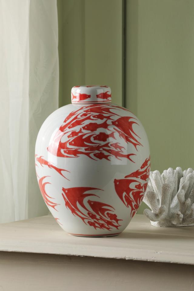 Dar Lighting Simone Ceramic Coral & White Fish Pattern Jar With Lid