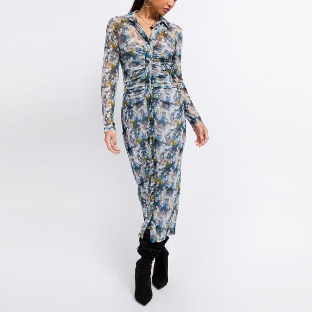 Little Mistress Printed Mesh Midaxi Shirt Dress - Size 16