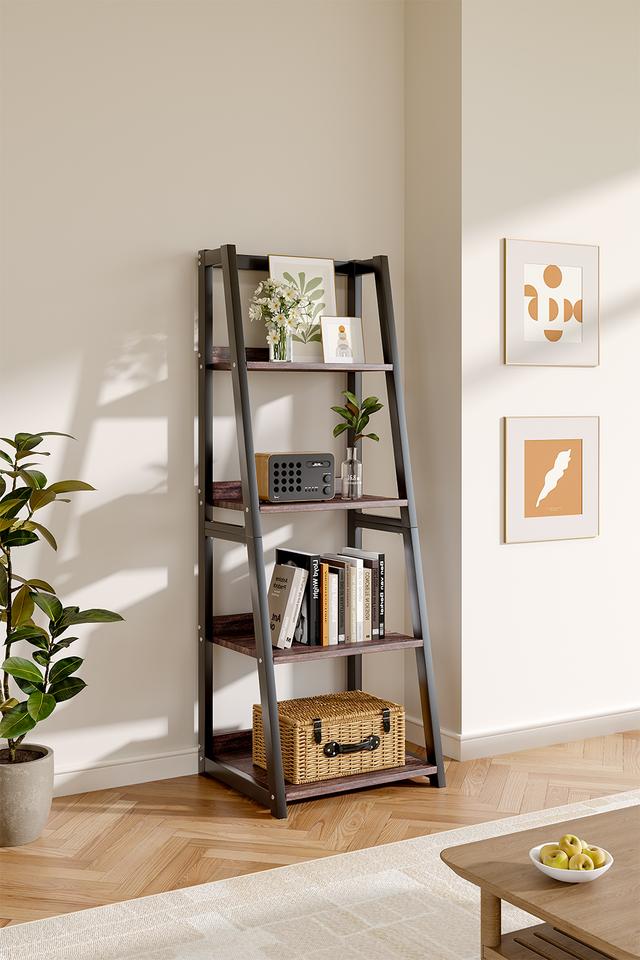 Living and Home 5-Tier Industrial Wooden Open Shelf Ladder Bookcase - Brown - Size Large