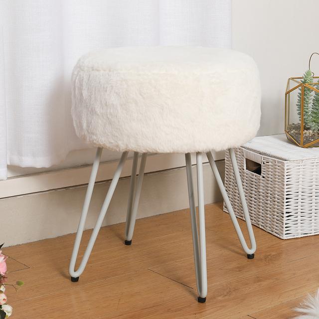 Living and Home Round Plush Vanity Stool with Metal Legs - White - Size Large