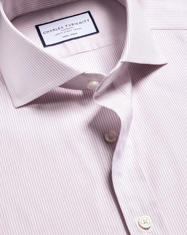 Men's Charles Tyrwhitt Non-Iron Twill Stripe Dress Shirt - Pink Single Cuff Size 18/36 Cotton