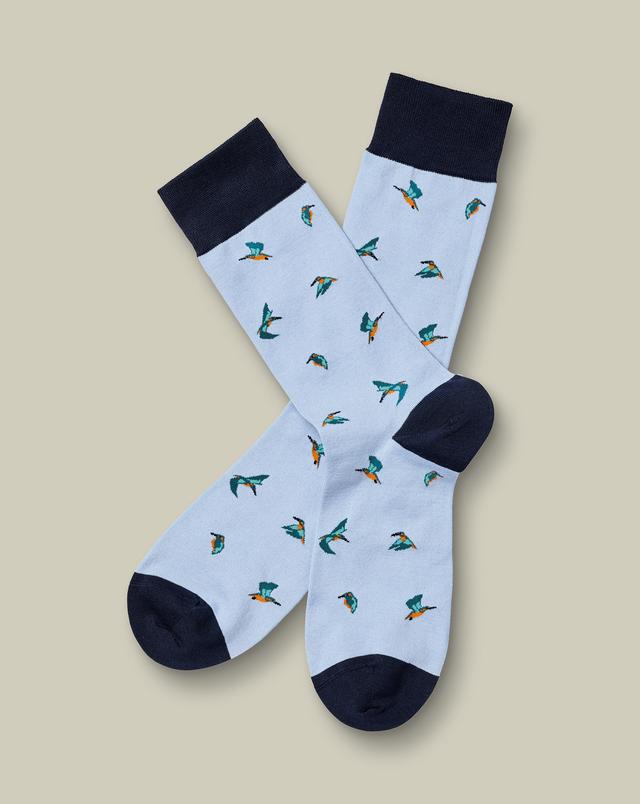 Men's Charles Tyrwhitt Kingfisher Bird Novelty Socks - Light Blue Size 10.5-13 Cotton
