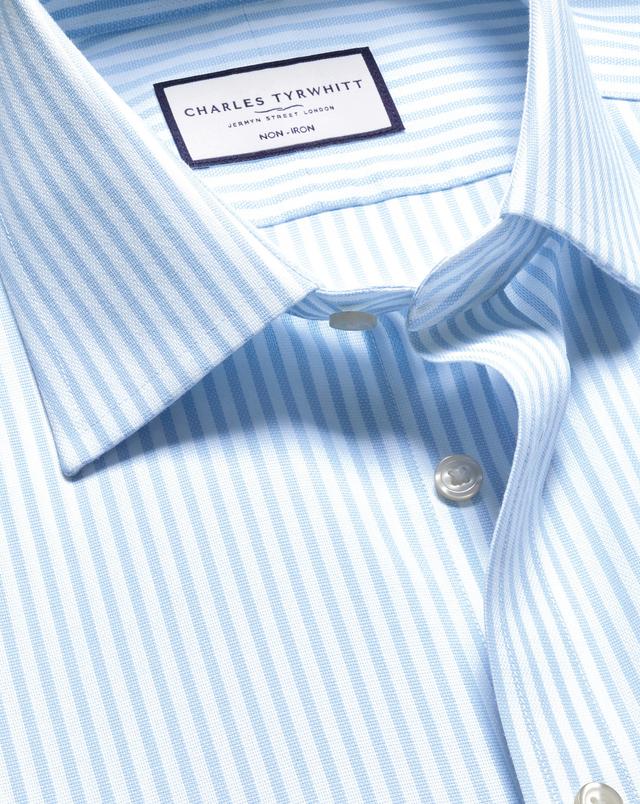 Men's Non-Iron Royal Oxford Stripe Cotton Formal Shirt - Sky Blue Single Cuff, 16.5/38 by Charles Tyrwhitt
