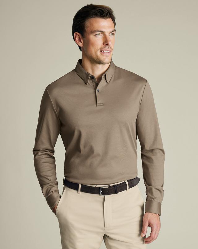 Men's Long Sleeve Smart Jersey Cotton Polo - Mocha Brown, Small by Charles Tyrwhitt