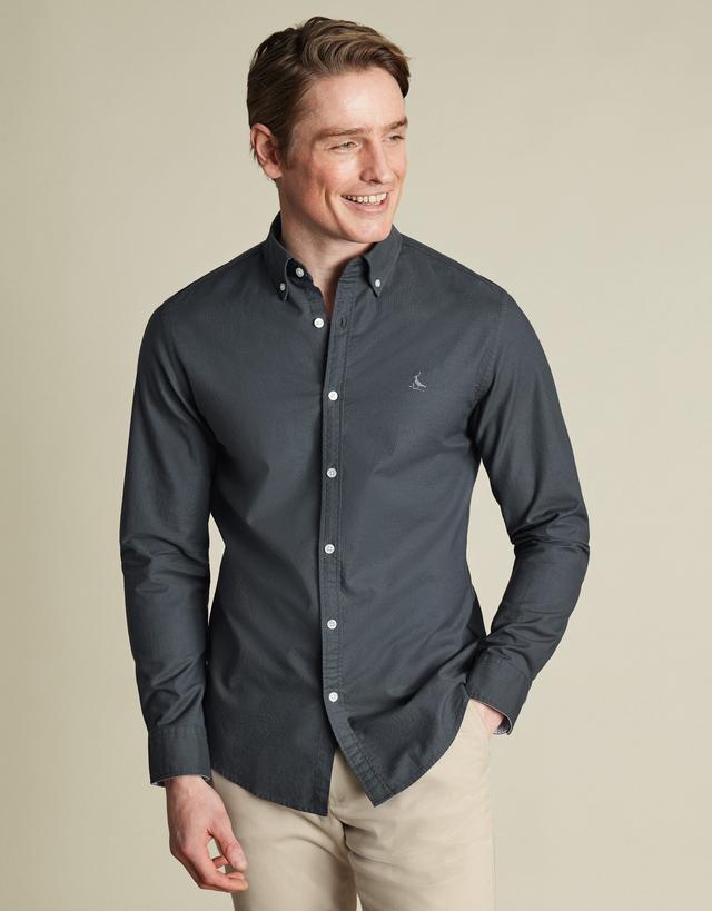 Men's Stretch Washed Oxford Cotton Shirt - Slate Grey, Small by Charles Tyrwhitt