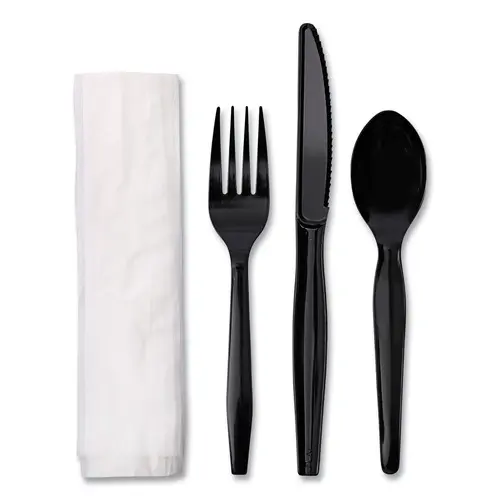 Boardwalk Mediumweight Fork/Knife/Napkin/Spoon 4-Piece Plastic Cutlery Kit - Black (250/Carton) - BWKFKTNMWPSBLA