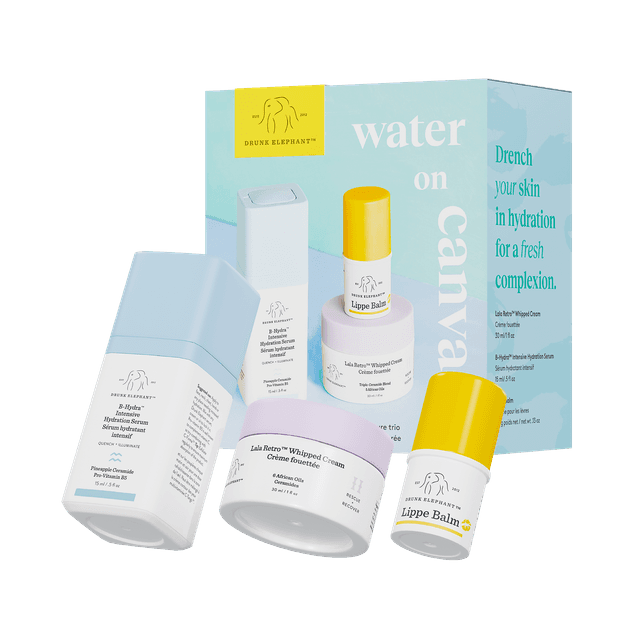 Drunk Elephant Water on Canvas: B-Hydra, Lala Cream, Lippe Balm Kit