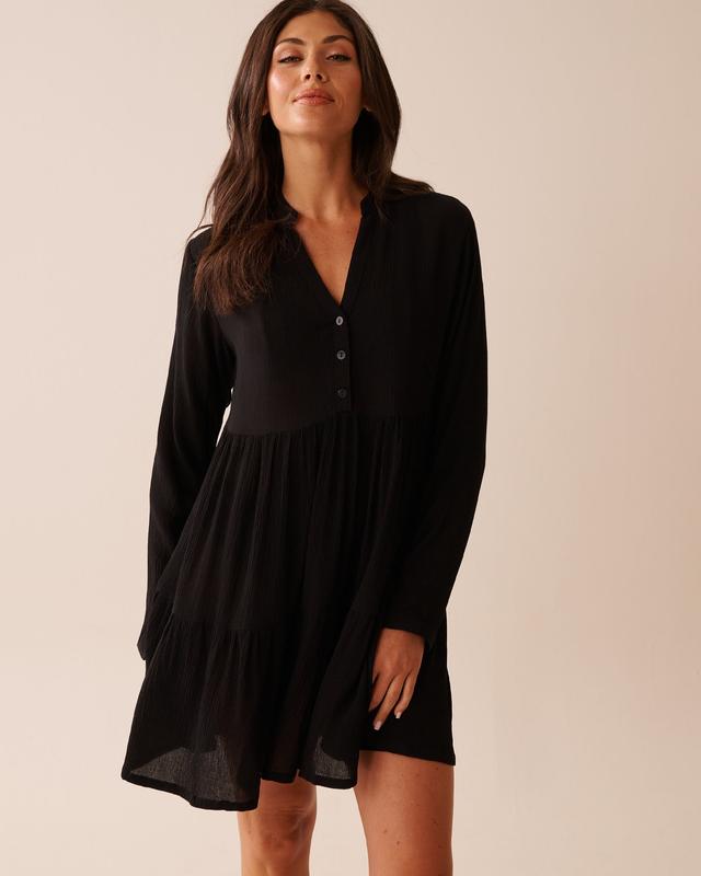 la Vie en Rose Long Sleeve Tiered Gauze Dress - Black M